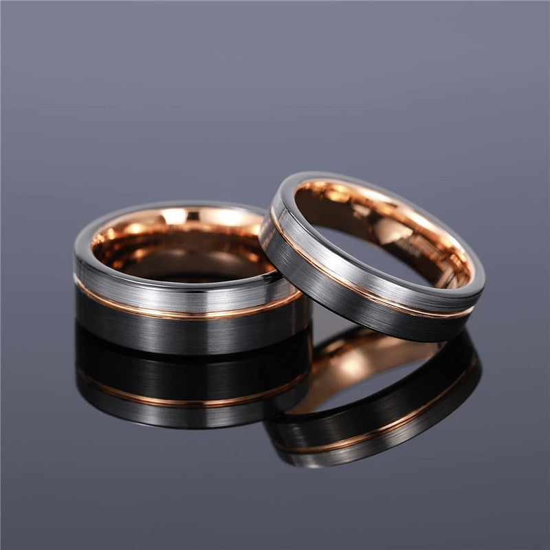 6mm / 8mm Mens Tungsten Ring Black Rose Gold Line Brushed Finish