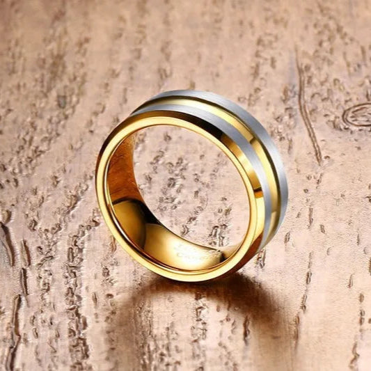 Gold tungsten ring wedding ring with silver accent