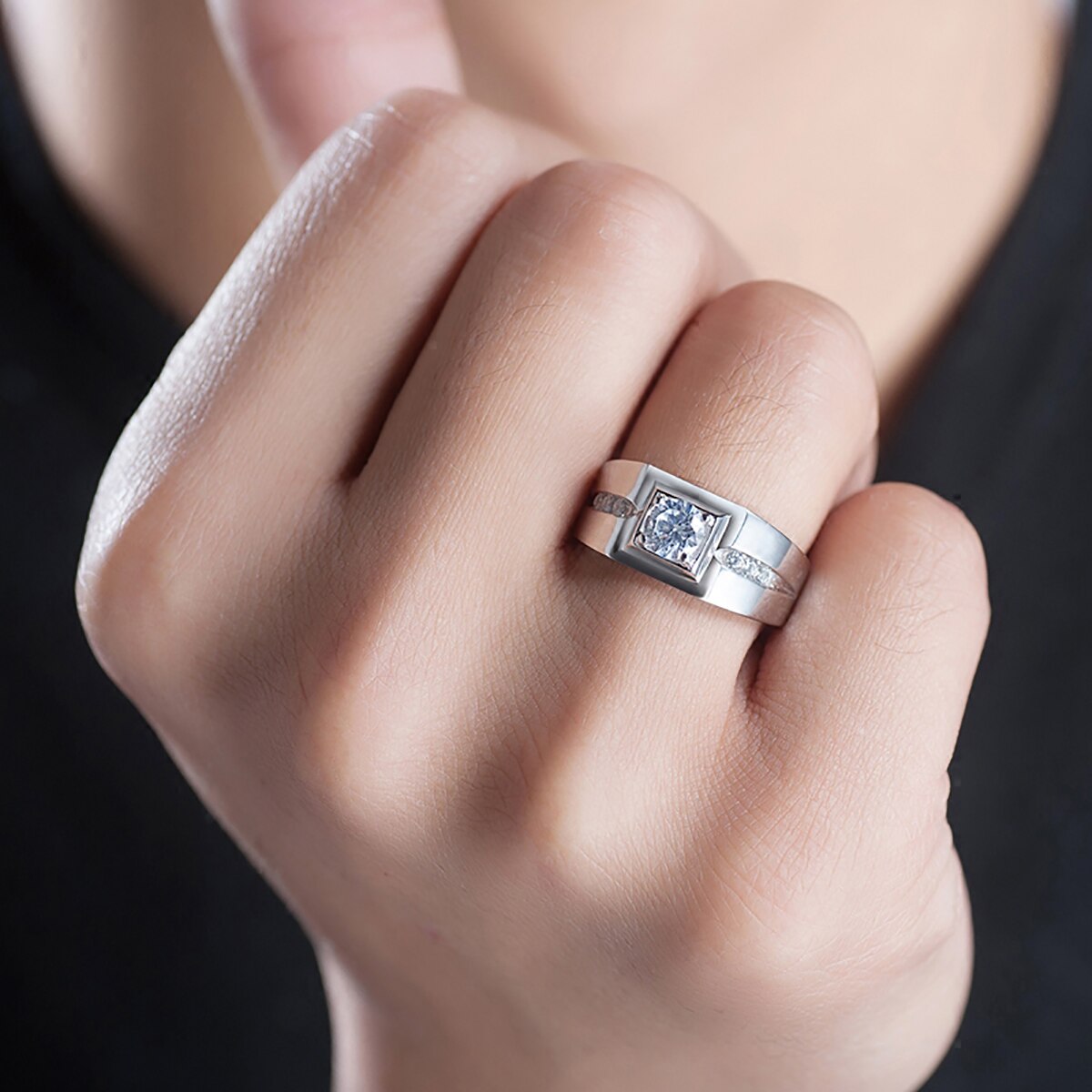 Sterling Silver Mens Moissanite Diamond Ring free shipping