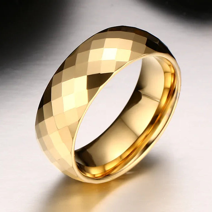mens Gold Tungsten ring with a faceted design