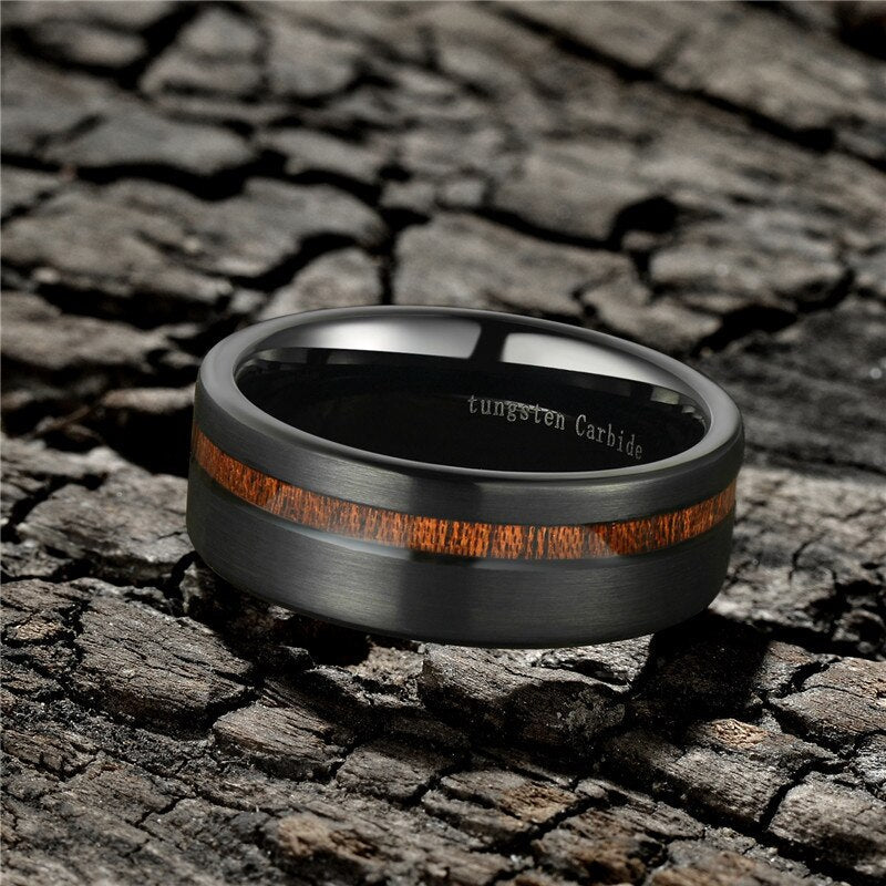 wood inlay black tungsten mens ring TR Mens Rings