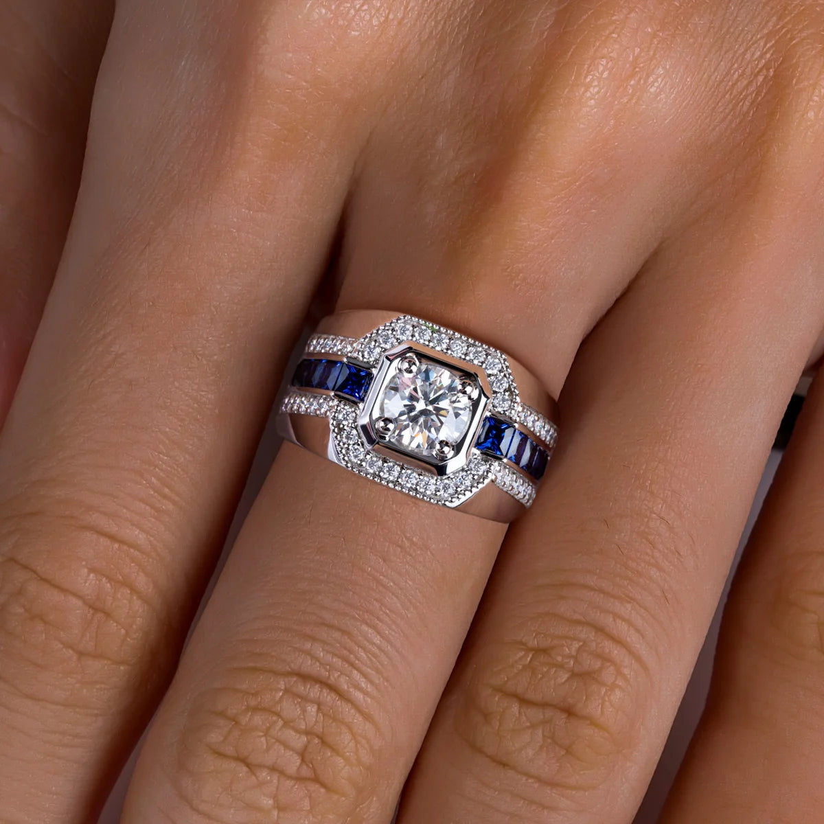 moissanite diamond ring for men with blue side stones
