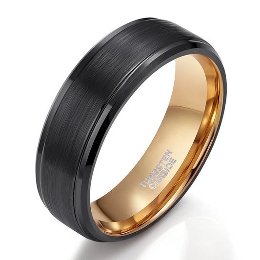 Two-tone black and rose gold ring on a white background