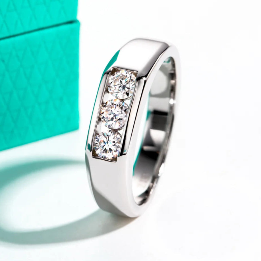 Mens Moissanite Ring Sterling Silver Gold Plated