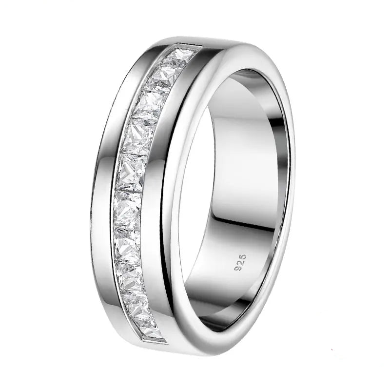 TR Mens Rings Epione Princess Cut Moissanite Mens Wedding Band Sterling Silver