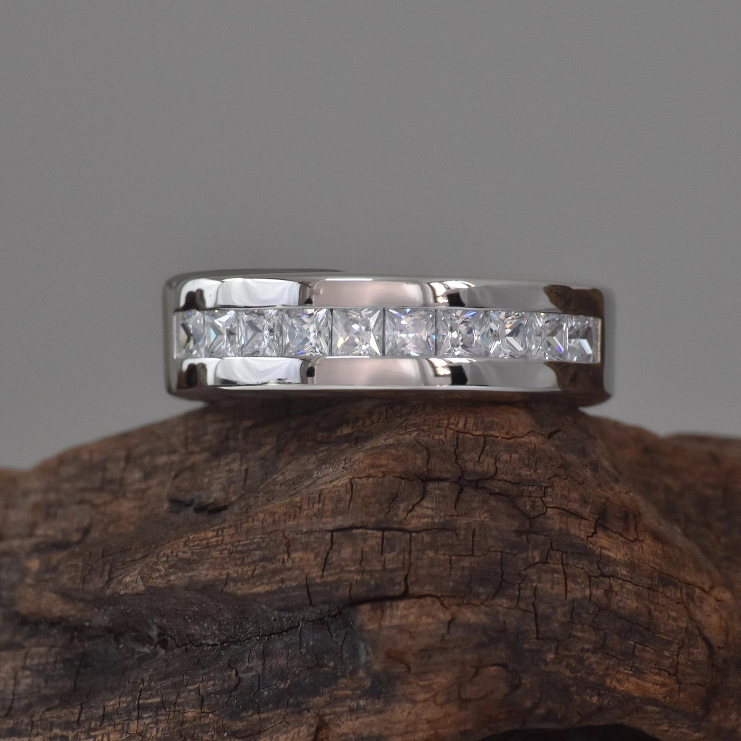Princess Cut Moissanite Mens Wedding Band Sterling Silver