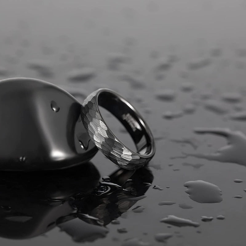 black tungsten ring hammered effect