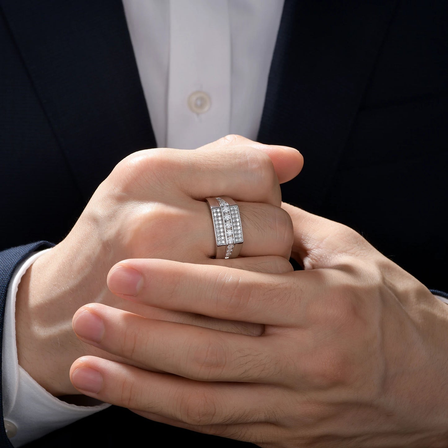 TR Mens Rings Moissanite Wedding Band for Men Sterling Silver