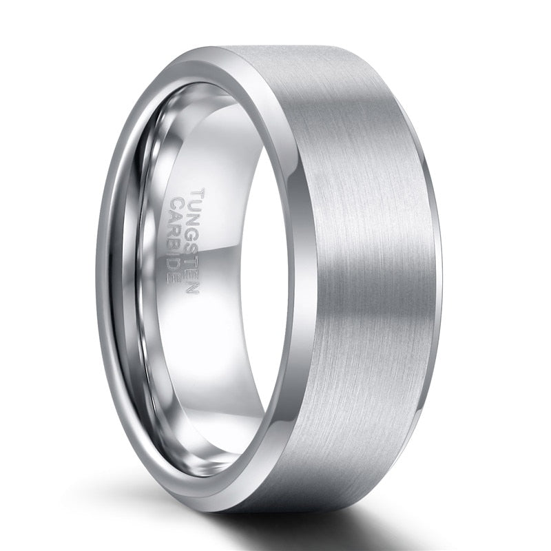 8mm Tungsten Ring Mens Brushed Silver Bevelled Edge