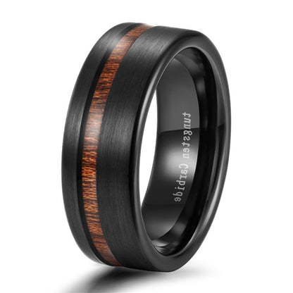 8mm Black Tungsten Carbide Mens Ring Wood Line Inlay