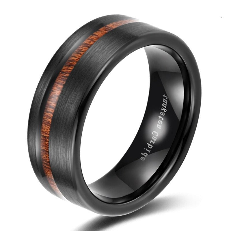 wood inlay black mens ring tungsten carbide