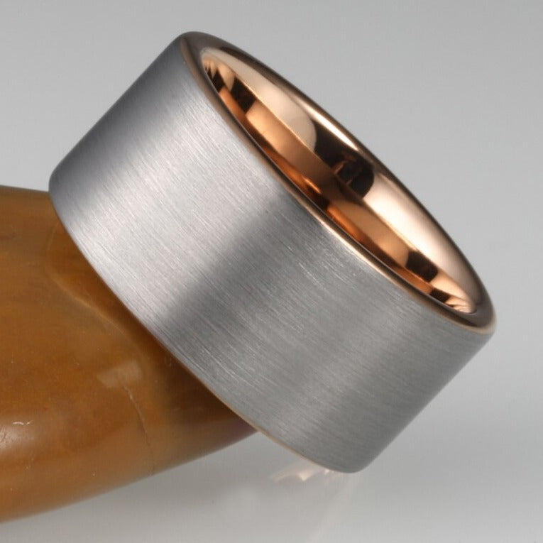 silver rose gold tungsten ring 12mm wide mens ring