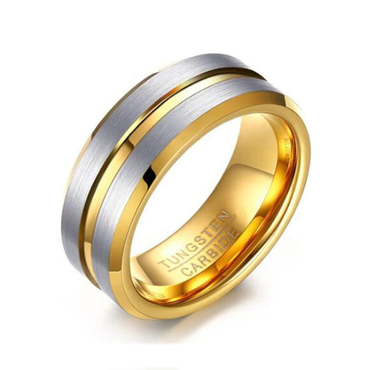 Two-tone gold and silver tungsten mens ring on a white background