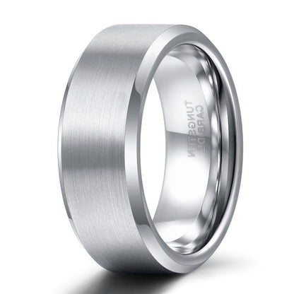 8mm Tungsten Ring Mens Womens Brushed Silver Colour Bevelled Edge