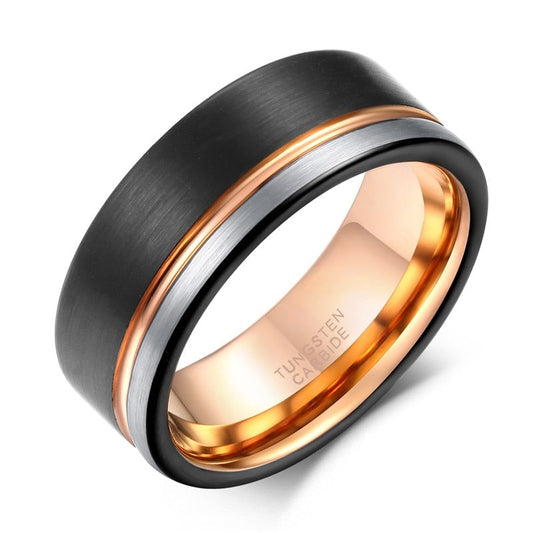 8mm Mens Tungsten Ring Black Rose Gold Line Brushed Finish