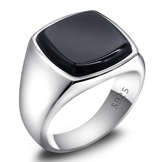 Mens Sterling Silver Black Onyx Square Ring