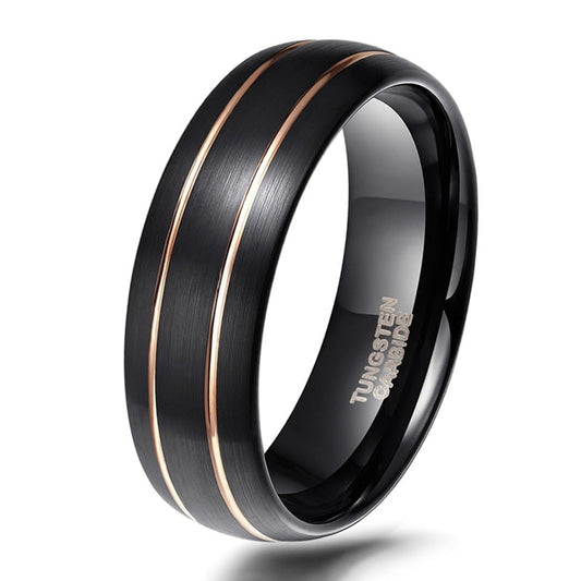 8mm Tungsten Ring Mens Black With Double Gold Lines Dome Band