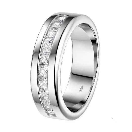 TR Mens Rings Epione Princess Cut Moissanite Mens Wedding Band Sterling Silver