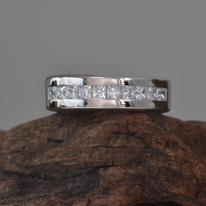 Princess Cut Moissanite Mens Wedding Band Sterling Silver